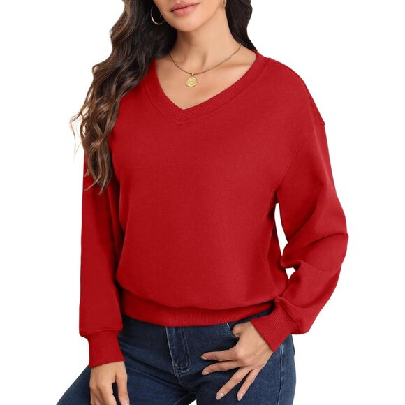 Women V Neck Long Sleeve Fleece-Lined Cropped Sweatshirt Casual Warm Top